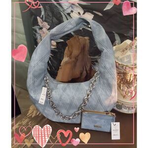 NWT~ALDO Faux Blue Denim HALLEYEX Hobo Handbag Purse & Matching Wallet